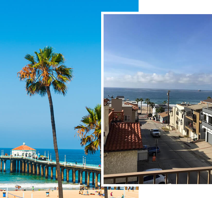 View of the Manhattan Beach Pier framed by palm trees with the Pacific Ocean in the background.
